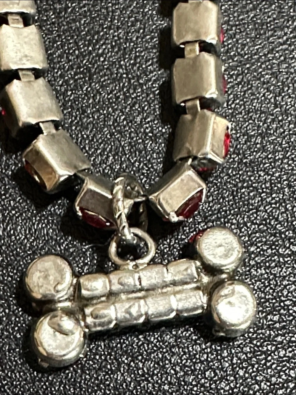 Red Rhinestone Silver Tone Small Dog Collar With Dangling Red Charm